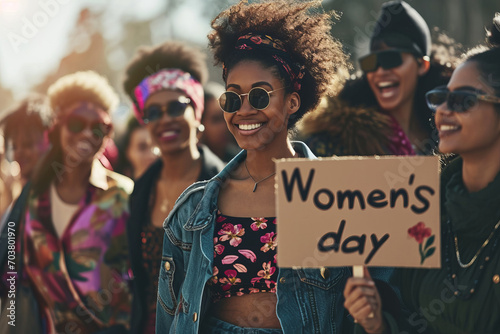 Diverse group of happy smiling women holding a sign with written words Women's day for International women's day or IWD which happen on March 8