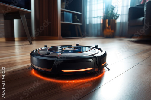 Robot vacuum cleaner glowing, on a wooden floor. AI generative.