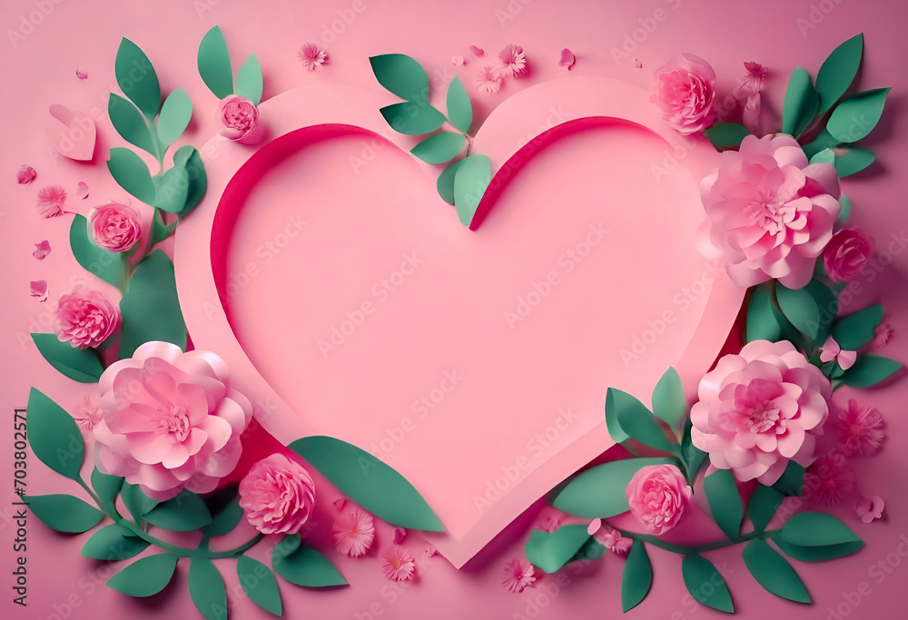 Pink heart with floral decorations on a pastel background, ideal for romantic or Valentine's Day themes.
