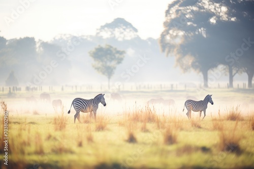 morning mist surrounding zebras in a field