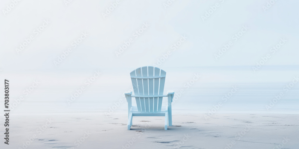 Lonely chair on white sand of tranquil beach of sea covered with mist. Generative AI