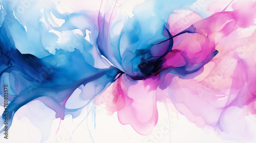 A colorful abstract painting made of blue and pink liquid paint