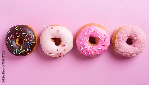 Assortment of pastel colorful donuts on pink table top view, flat lay. Banner for confectionary