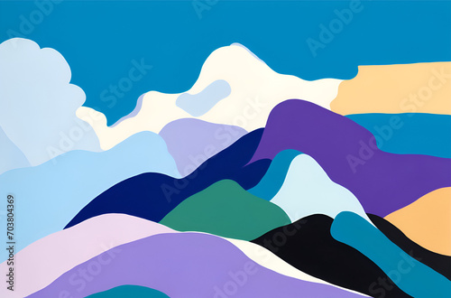 Colorful painting of a mountain range. The mountains are painted in a variety of vibrant colors © Noboru