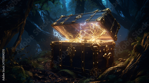 Treasure Chest Open Ancient Trunk With Glowing