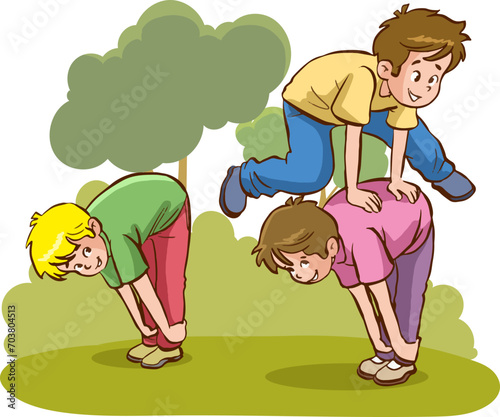 vector illustration of children playing leapfrog