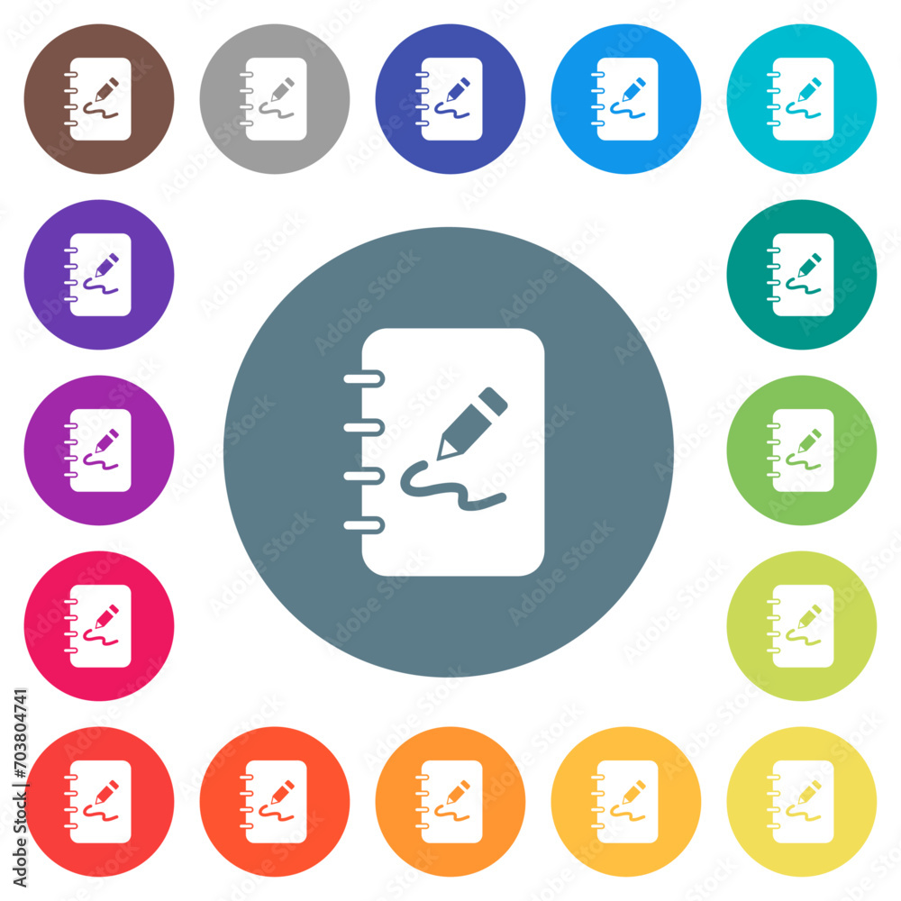 Spiral notepad with drawing solid flat white icons on round color backgrounds Spiral notepad with drawing solid flat white icons on round color backgrounds
