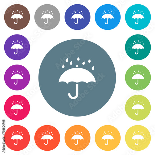 Umbrella with rain solid flat white icons on round color backgrounds
