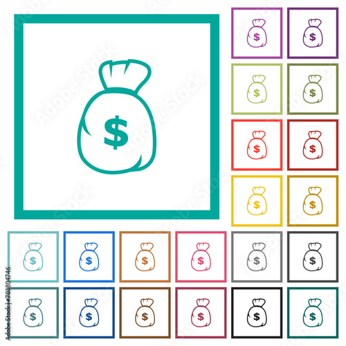 Dollar money bag outline flat color icons with quadrant frames