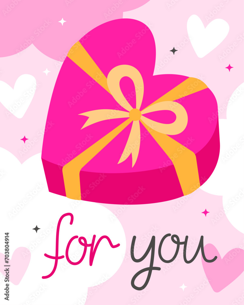 Valentine's Day card. Pink gift box in the shape of a heart with the inscription 