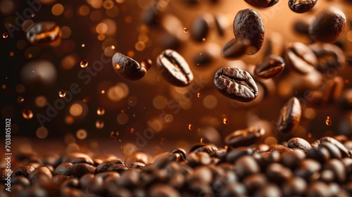 Floating roasted coffee beans cascading in the air with a rich brown background  creating an aromatic sense of freshness and quality coffee concept