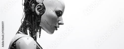 Black and white photorealistic studio portrait of a humanoid cyborg robot on black background photo