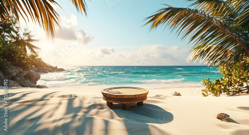 Idyllic Beach Display with a Wooden Podium on Pristine Sand for Product Presentation, Tropical Ocean and Palm Leaves Background © Bartek