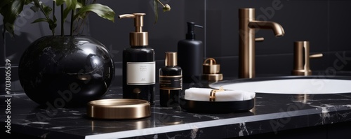 In a sleek black bathroom, body care cosmetics and accessories are neatly arranged near the sink.