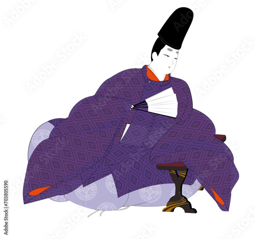 日本の貴族の古典衣裳.夏の直衣姿で脇息に 凭れ掛かる 男性。平安時代イメージイラスト photo