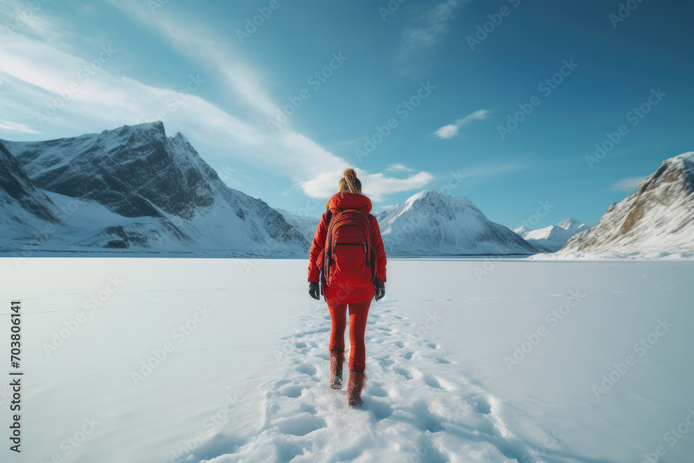Frozen Beauty: Close-up of Woman Walking on Icy Lake in Red Jacket