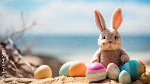 Easter joy: adorable rabbit toy amid vibrant painted eggs on the shoreline, shallow depth of field - happy easter day concept