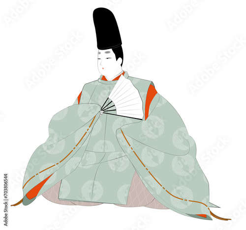 日本の貴族の古典装束.普段着の狩衣姿の男性。平安イメージイラスト