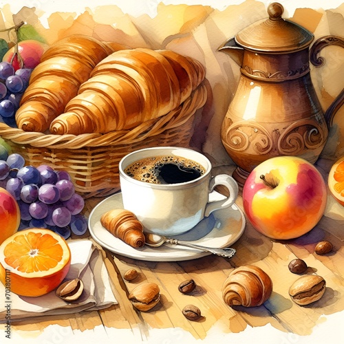 croissants and coffee watercolor style illustration AI