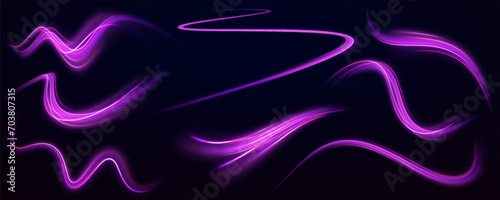 Purple and blue glowing wave swirl, impulse cable line. Abstract vector neon wave. Cyberpunk light trails in motion or light slow shutter effect. Bright sparkling background. Laser beams