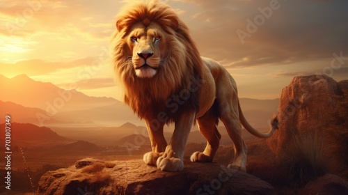 A wild Lion standing on the stone hill at sunset view background. AI generated