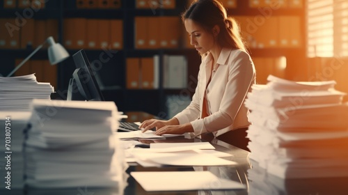 Businesswoman hands working in Stacks of paper files for searching information on work desk in office, business report papers photo
