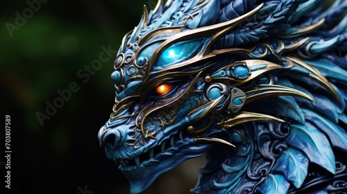 Closeup fantasy a blue dragon head. AI generated image