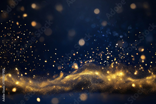 Shimmering gold festive backdrop. Twinkling lights, bokeh effect on deep navy blue. Smooth, shiny gold foil texture for elegant designs.