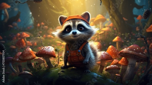 A Cute Little Raccoon on fantasy style a Magical forest. AI generated image photo