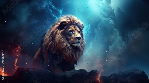 3d rendering a wild Lion on the night forest isolated abstract dramatic background.AI generated