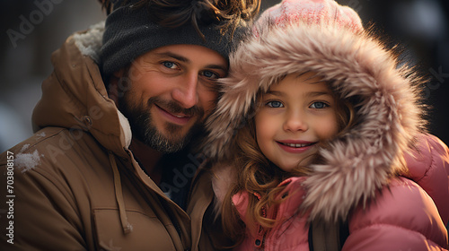 Nice photo of father and daughter in winter scene, Father and daughter enjoy winter outdoors