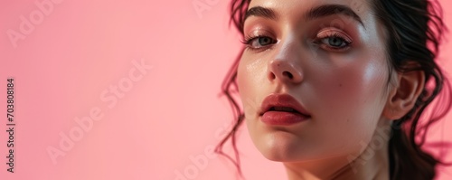 Cosmetic beauty banner with close-up portrait of a beautiful woman isolated on pink background