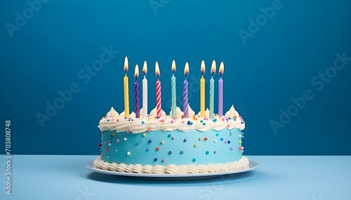 birthday cake with many birthday candles on a blue background