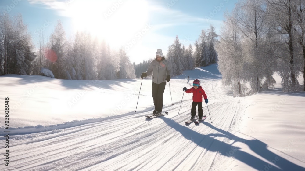 child boy learns to ski with his father during winter vacation in snowy mountains on sunny cold day. Winter active walks with children. Seasonal joys, happy childhood