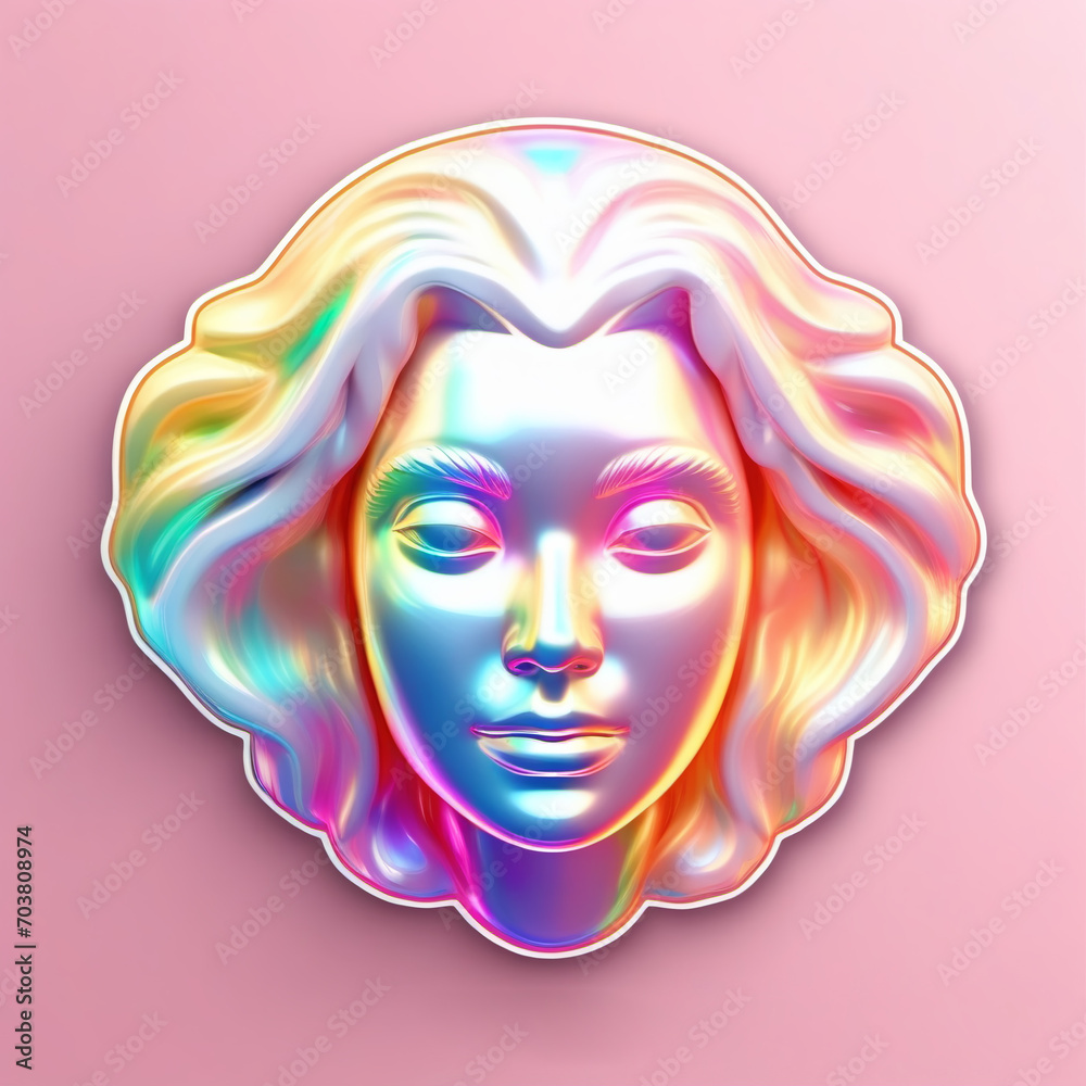 3D Illustration of a Female Face in a Futuristic Style. 3d rendering of a female head with closed eyes in colorful neon light. Neon sculpture of a woman's face. 3d illustration.