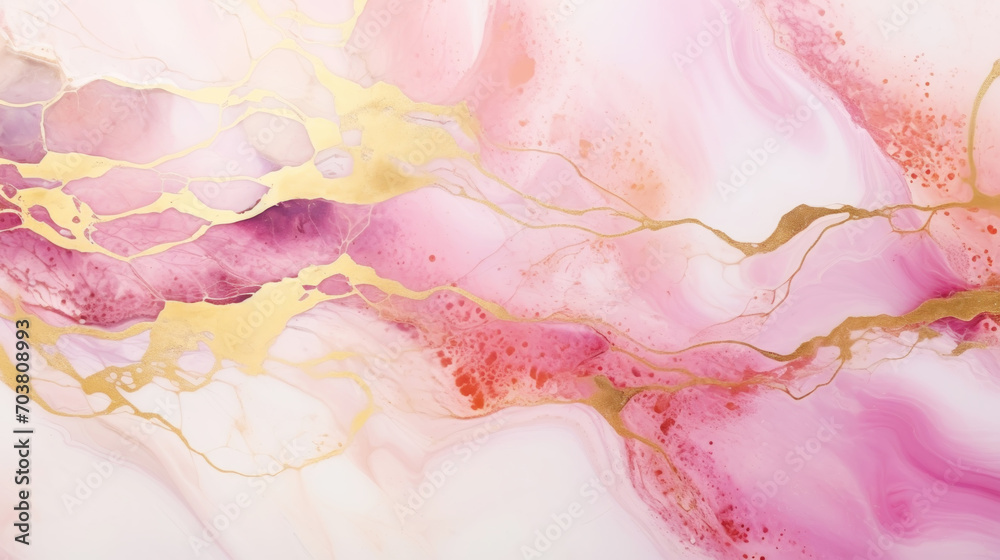 Marble ombre, alcohol ink, abstract art. Background made of white, gold and pink paints, gold veins. Generative AI