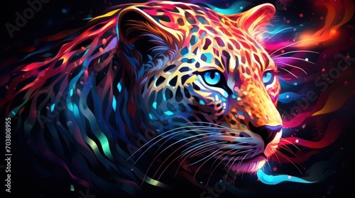 Abstract Fantasy Colorful Leopard wild Cat Animal on dark background. AI generated image