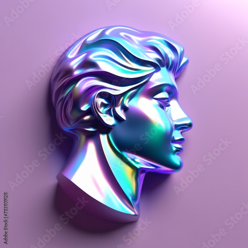 3D Illustration of a Female Face in a Futuristic Style. 3d rendering of a female head with closed eyes in colorful neon light. Neon sculpture of a woman's face. 3d illustration.