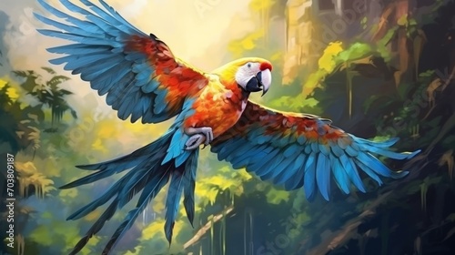Abstract illustration oil painting parrot macaw bird flying in tropical jungle. AI generated image photo
