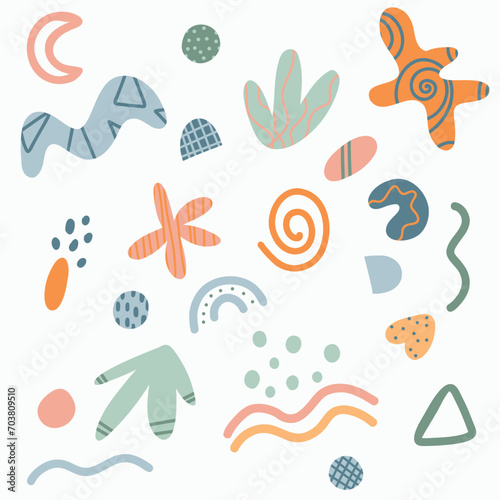 Vector abstract  pattern with hand drawn cut out colorful shapes and objects. Modern trendy illustration. Geometric background in pastel colors with simple abstractions.