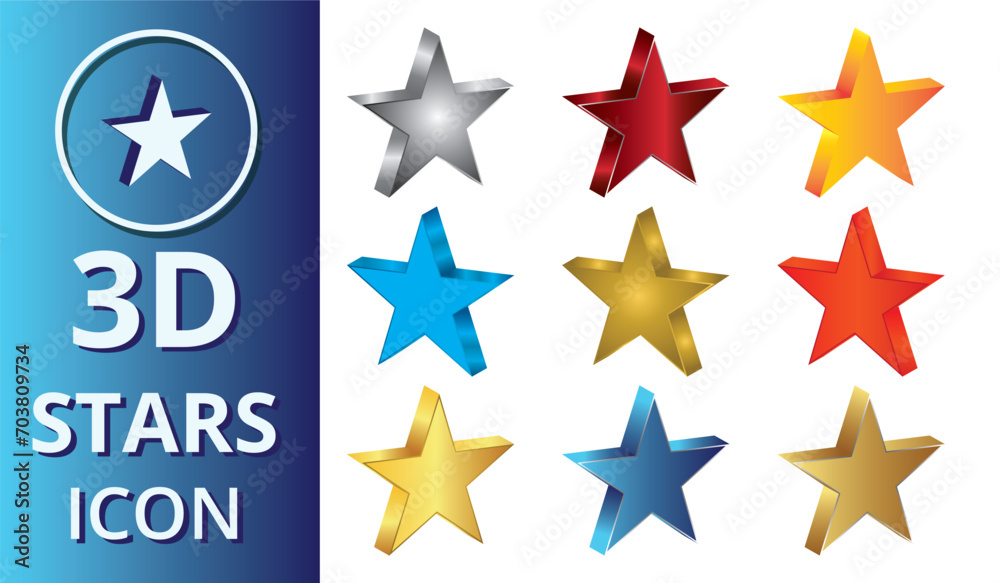 Obraz premium 3D stars icon set. Star symbol icon. 3d render of a star symbol. Set of realistic golden, blue, red 3D stars. Glossy Christmas stars icon. Vector illustration.