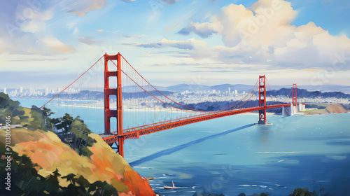 oil painting on canvas, Golden Gate bridge, San Francisco California. USA.