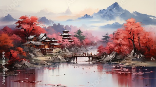 Oriental landscape with a bridge over a river and a pagoda