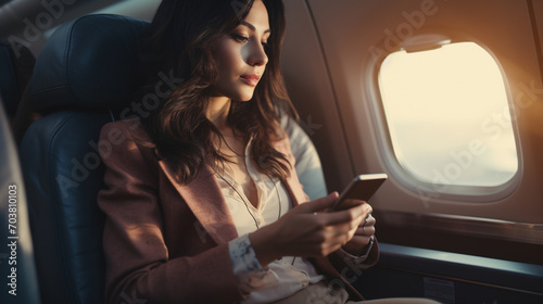Confident young business woman looking at mobile while sitting in airplane. © Banu