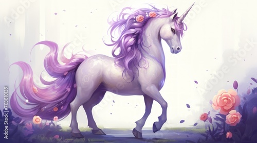 A purple unicorn horse walking on the flower field. AI generated image