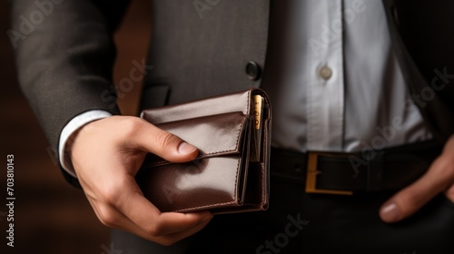 A detailed shot capturing a man holding a wallet with cash, in close proximity.