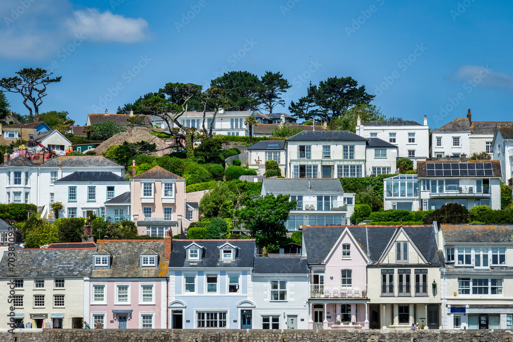 St Mawes, Cornwall - Houses on the hillside above the harbour of St Mawes on the Roseland Peninsula.