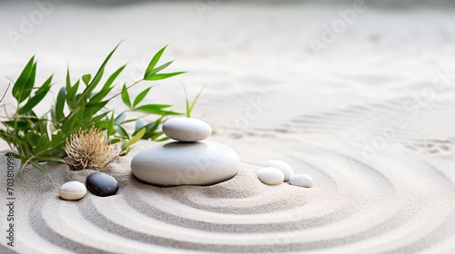 Zen garden concept with balanced stones  raked sand texture  and greenery  symbolizing tranquility and meditation.