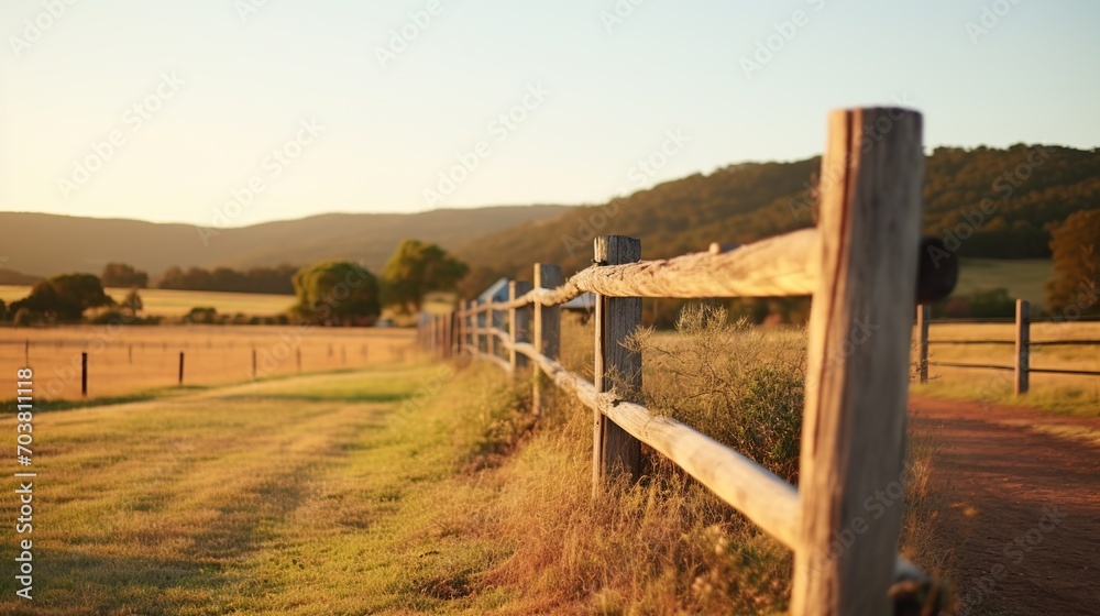 Warm sunset light bathing a rustic fence and open field in a peaceful country setting.