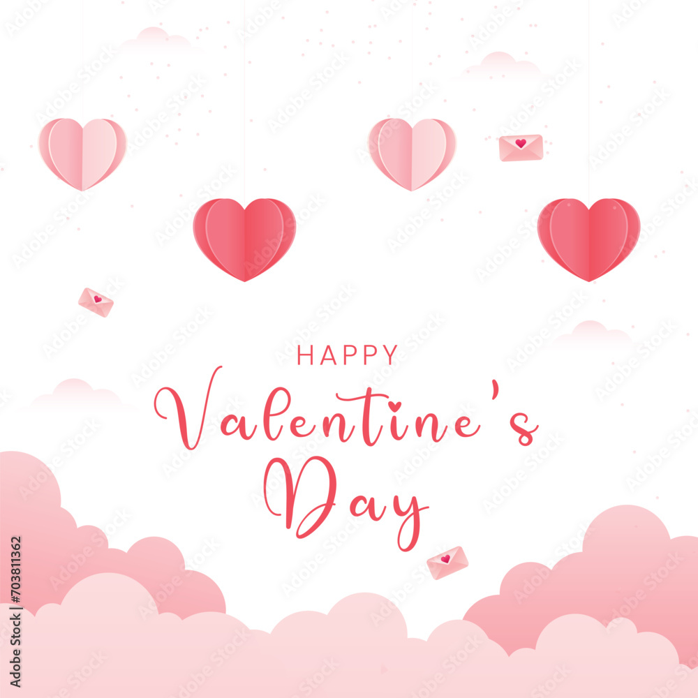 Happy valentine day vector gradient background 14 February banner paper heart balloon.